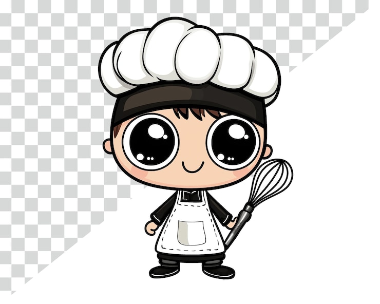 PSD cute chibi chef character with whisk png transparent background
