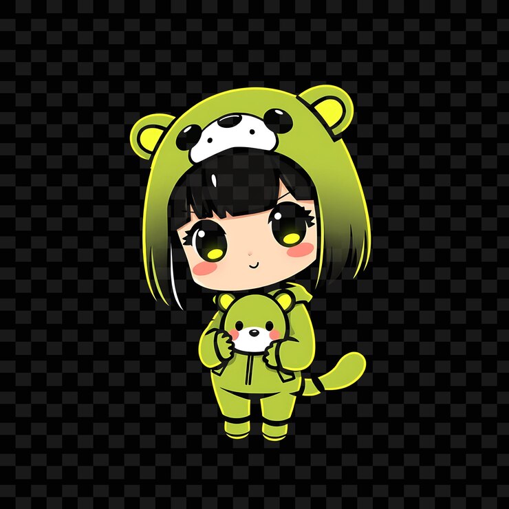 PSD cute chibi girl mit bob cut und cute animal onesie plüsch-spielzeug-accessoire neon gelb und grün co.