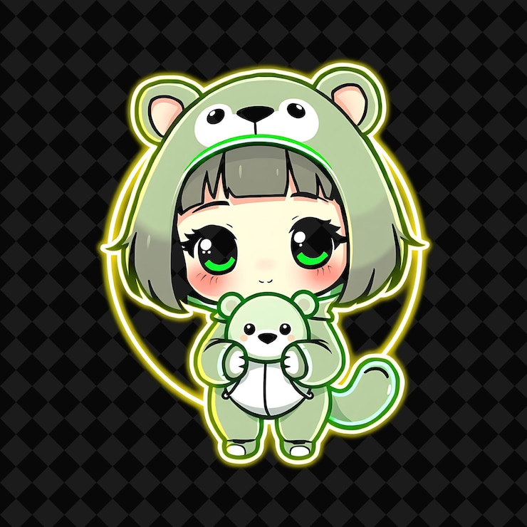 PSD cute chibi girl mit bob cut und cute animal onesie plüsch-spielzeug-accessoire neon gelb und grün co.