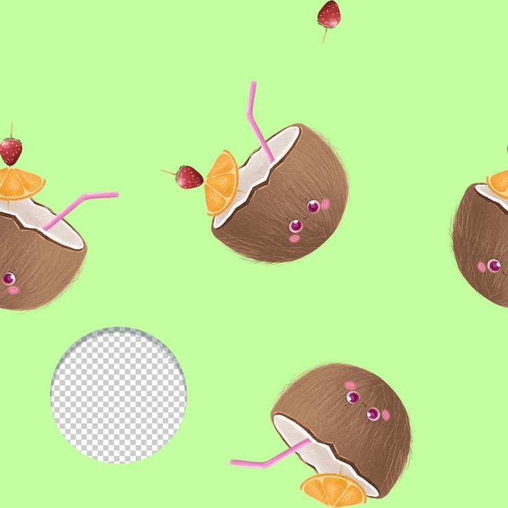 PSD cute cocktail de coco de verão estilo kawaii padrão sem costura em fundo lila