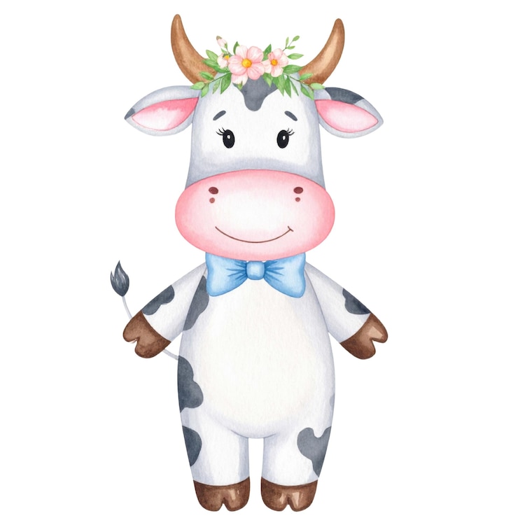PSD cute cow character with flowers and bow tie