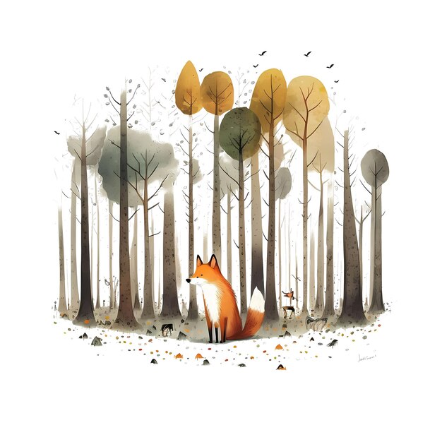 PSD cute fox in the forest 4096px png transparent 300dpi t-shirt numérique pod couverture de livre avec clipart