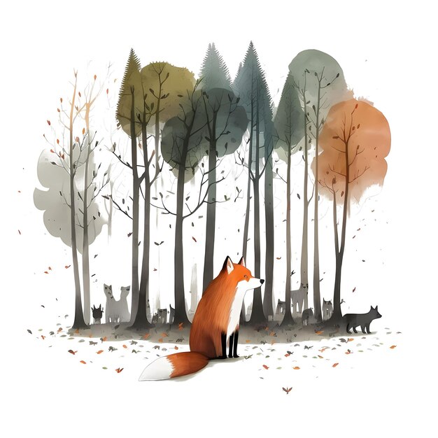 PSD cute fox in the forest 4096px png transparent 300dpi t-shirt numérique pod couverture de livre avec clipart