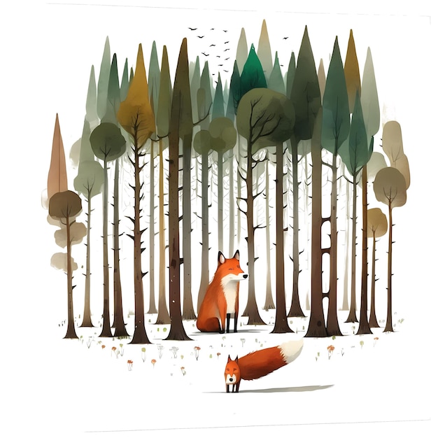 PSD cute fox in the forest 4096px png transparent 300dpi t-shirt numérique pod couverture de livre avec clipart