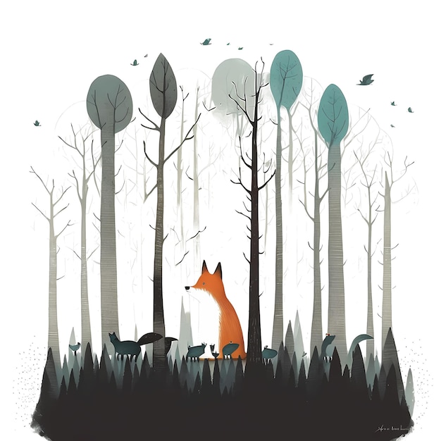 PSD cute fox in the forest 4096px png transparent 300dpi t-shirt numérique pod couverture de livre avec clipart