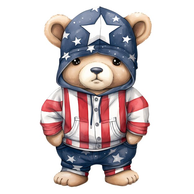 Cute funny baby bear trägt die amerikanische flagge clipart illustration