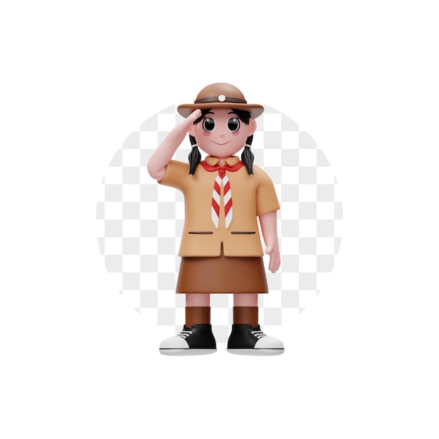 Cute Girl Scout Child Saluting 3D Character