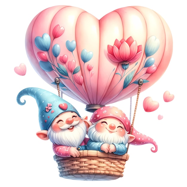 Cute gnome air balloon aquarela clipart ilustração