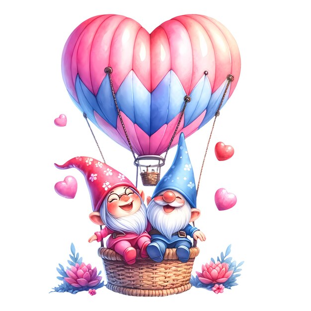 PSD cute gnome air balloon aquarela clipart ilustração