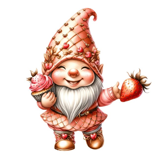 PSD cute gnome cupcake strawberry dia dos namorados clipart ilustração