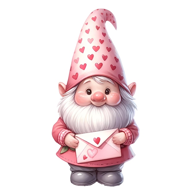 PSD cute gnome holding valentine envelope aquarela clipart ilustração