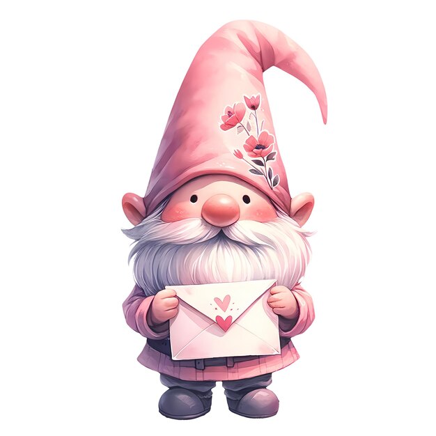 PSD cute gnome holding valentine envelope aquarela clipart ilustração