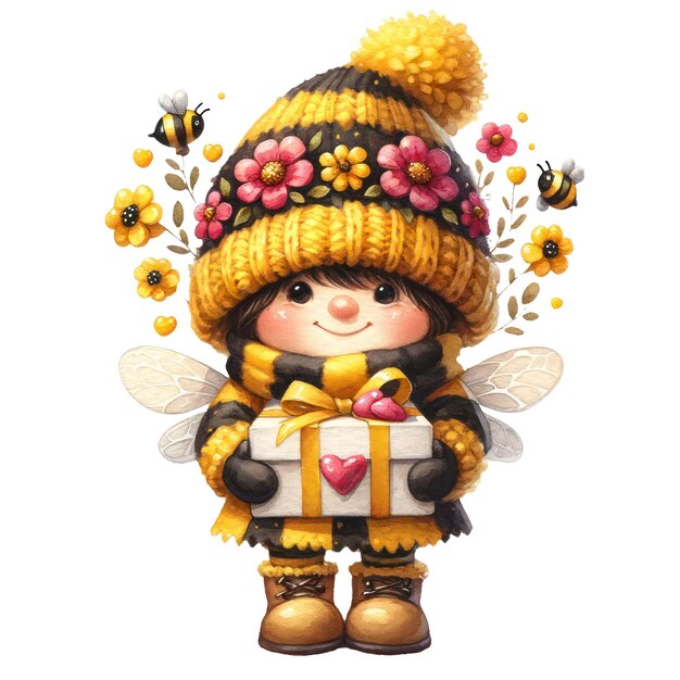 PSD cute gnome in bee temático outfit spreading love valentines clipart ilustração