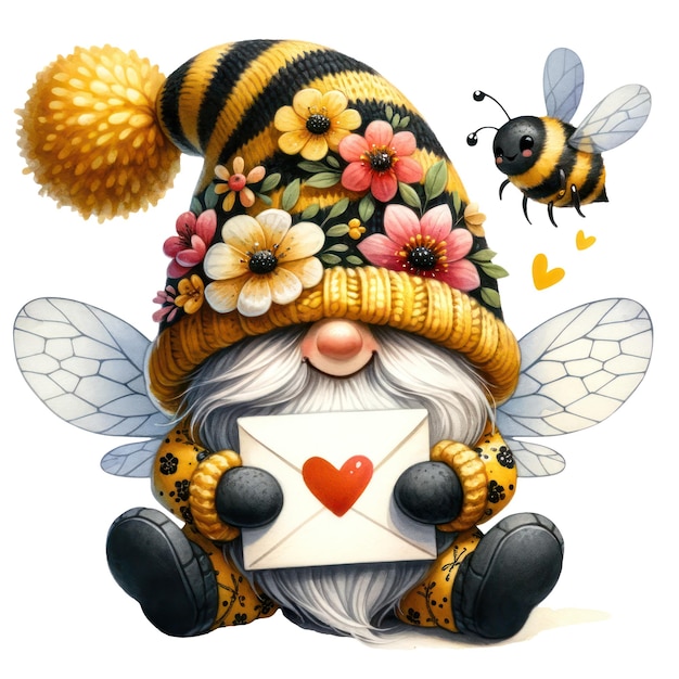 PSD cute gnome in bee-thematisches outfit verbreitung von liebe valentinstagsgeschenke clipart-illustration