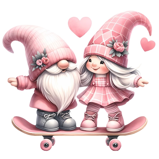 PSD cute gnome skateboard com casal valentine aquarela clipart ilustração