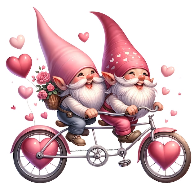 PSD cute gnome valentine bicycle aquarela clipart ilustração