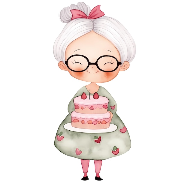 PSD cute grandma cake aquarela clipart ilustração