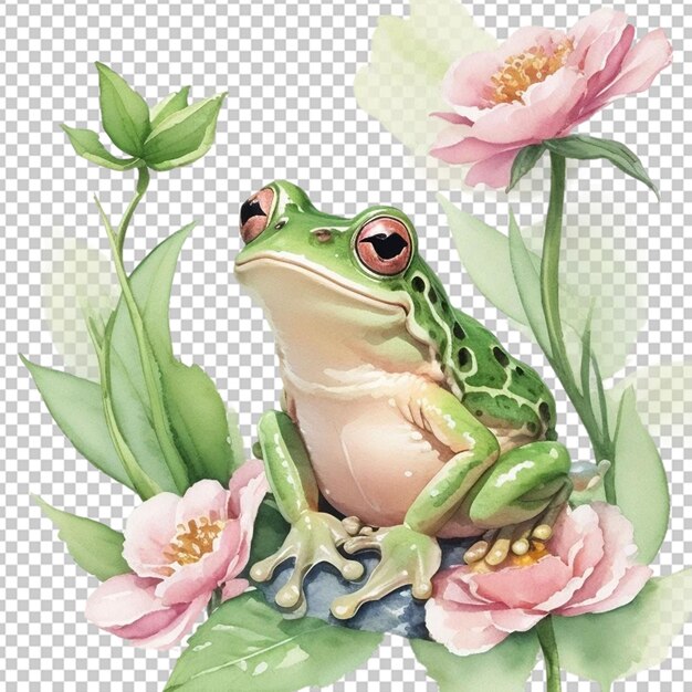 PSD cute grenouille à l'aquarelle florale