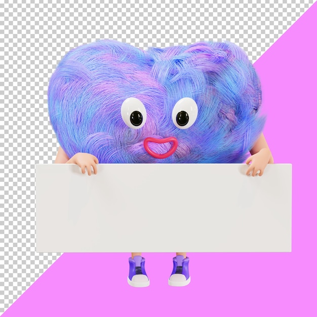 cute heart with an empty banner. 3d character holds a sign with copy space for valentine's day.