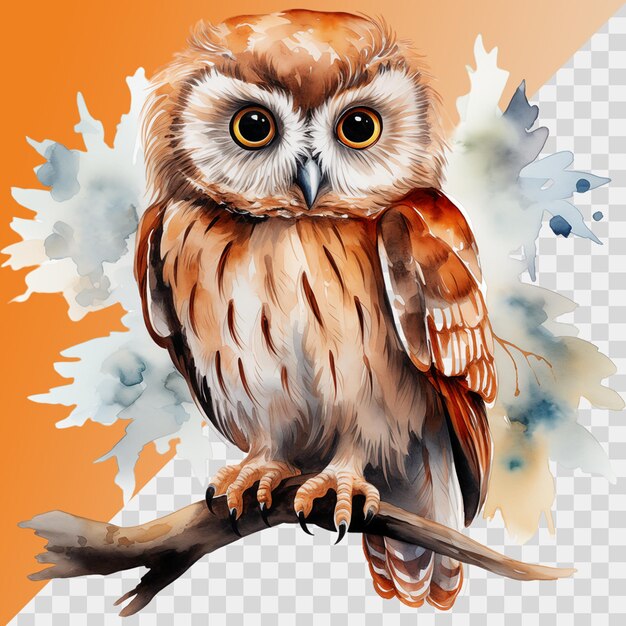 PSD cute hibou assis sur une branche isolée sur un fond transparent