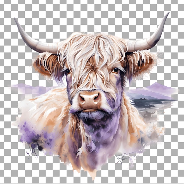 PSD cute highland cow aquarela clipart isolado