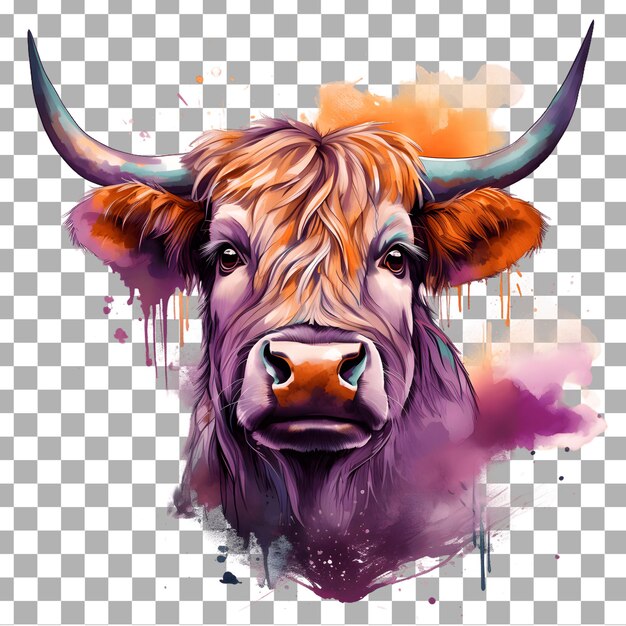 PSD cute highland cow aquarela clipart isolado