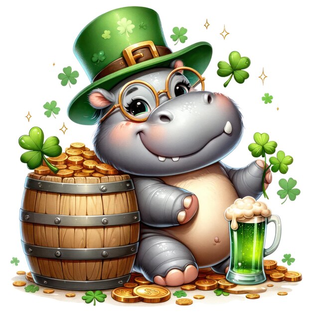 PSD cute hippo st. patrick's day clipart-illustration