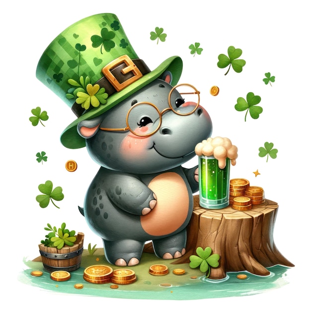 PSD cute hippo st. patrick's day clipart-illustration