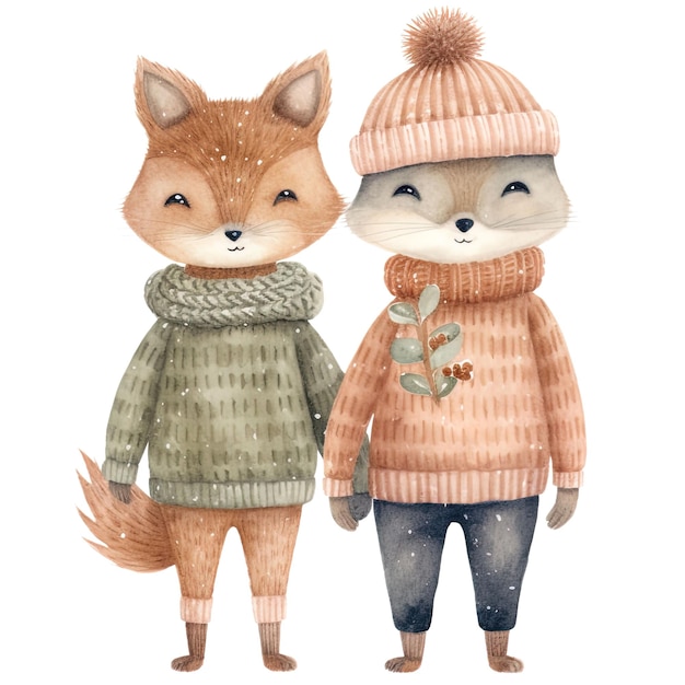 PSD cute holiday couple fox weihnachtsclipart in schrulligem aquarell-stil isoliert auf weißem hintergrund