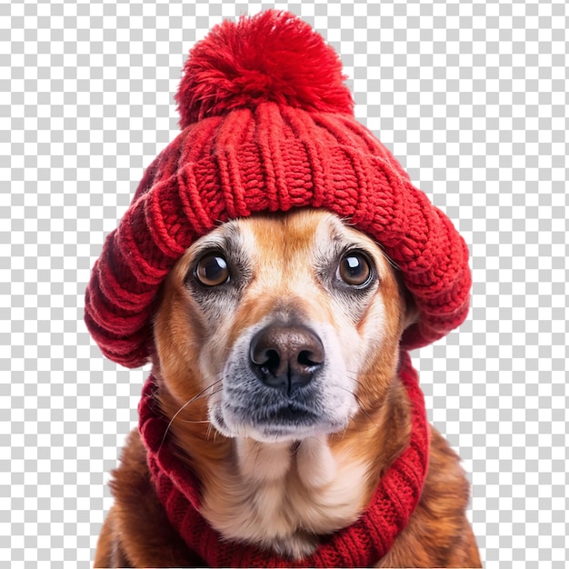 PSD cute hund trägt einen roten gestrickten hut und einen schal, der auf einem durchsichtigen hintergrund isoliert ist