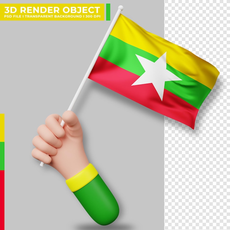 PSD cute illustration of hand holding myanmar flag. myanmar independence day. country flag.