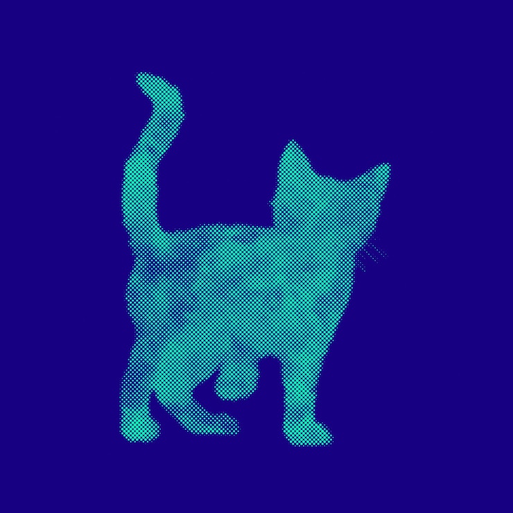 PSD cute kitten pose halftone silhouette with a navy background