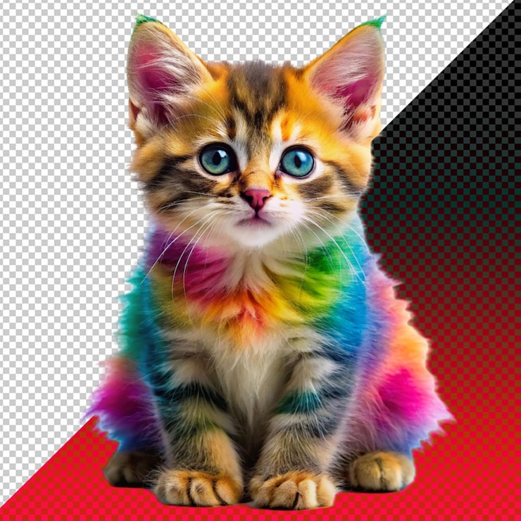 PSD cute kitten with brightly colored on transperent background