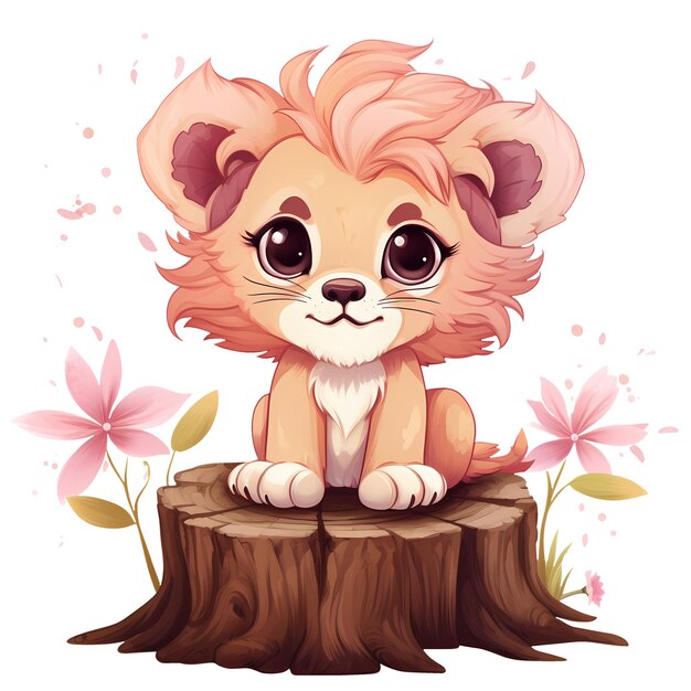 PSD cute lion on tree stump aquarell-clipart-illustration