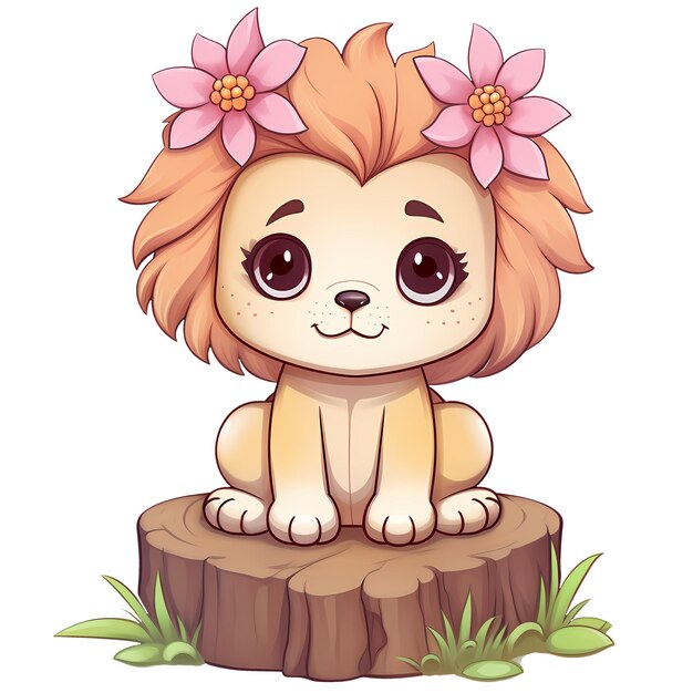 PSD cute lion on tree stump aquarell-clipart-illustration