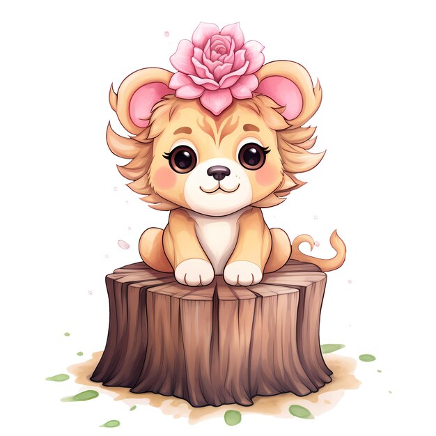 PSD cute lion on tree stump aquarell-clipart-illustration