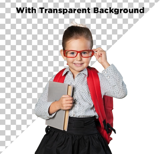 Cute Little Toddler Baby Girl usando um saco de ombro e espetáculos isolados em fundo transparente