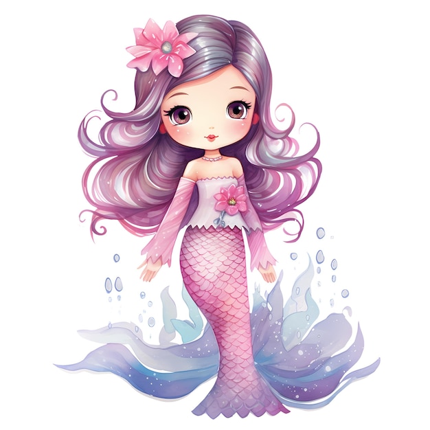 PSD cute mermaid princess aquarela clipart ilustração