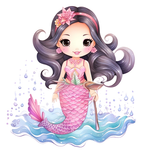 Cute mermaid princess aquarela clipart ilustração