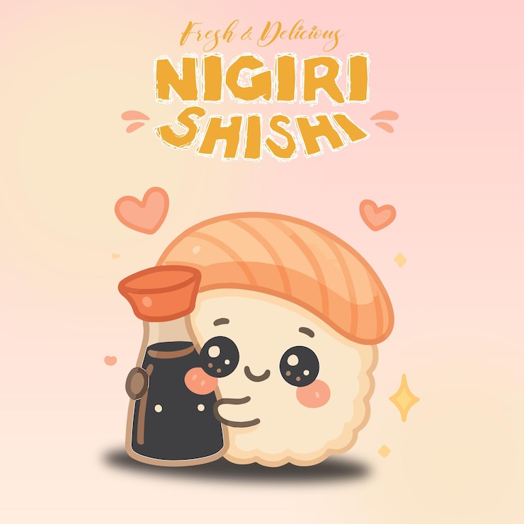 PSD cute nigiri sushi cartoon mit sojasauce postervorlage