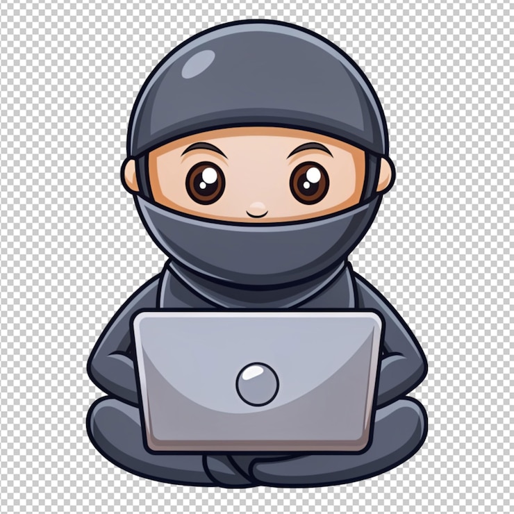 PSD cute ninja working on laptop cartoon on transparent background