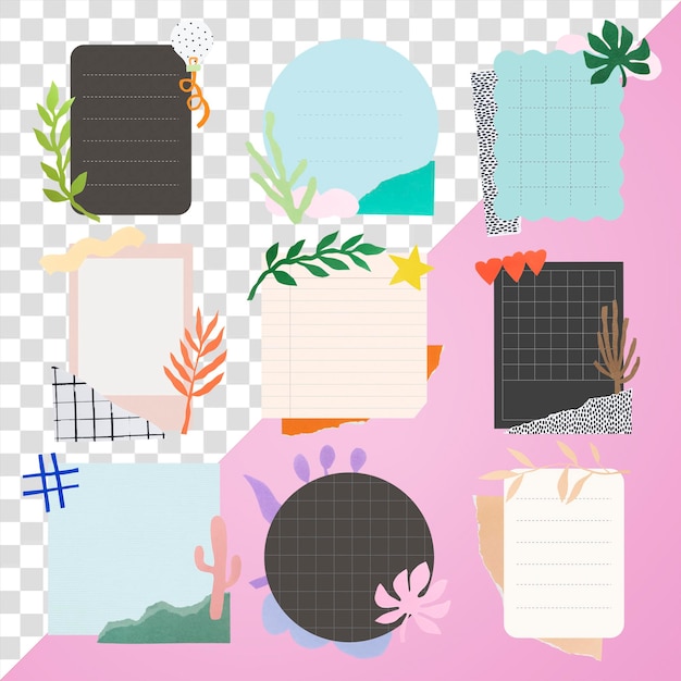 Cute note png adesivi collage botanico elemento per bullet journal set sfondo trasparente
