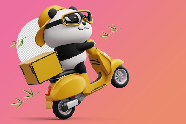 Cute Panda in sella a una motocicletta panda consegna rendering 3d