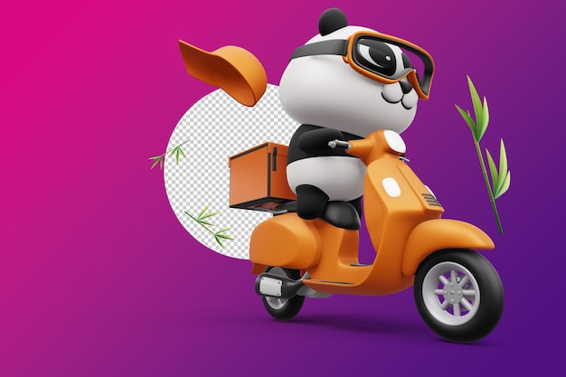 Cute Panda in sella a una motocicletta panda consegna rendering 3d