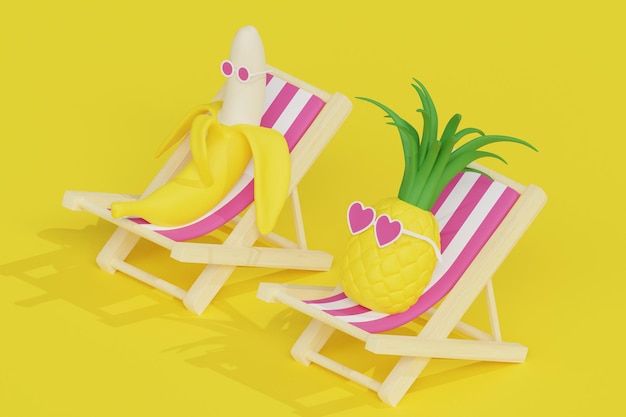 Cute pineapple in the heart shaped glasses and banana fruits characters in the sunbed taking sunbath