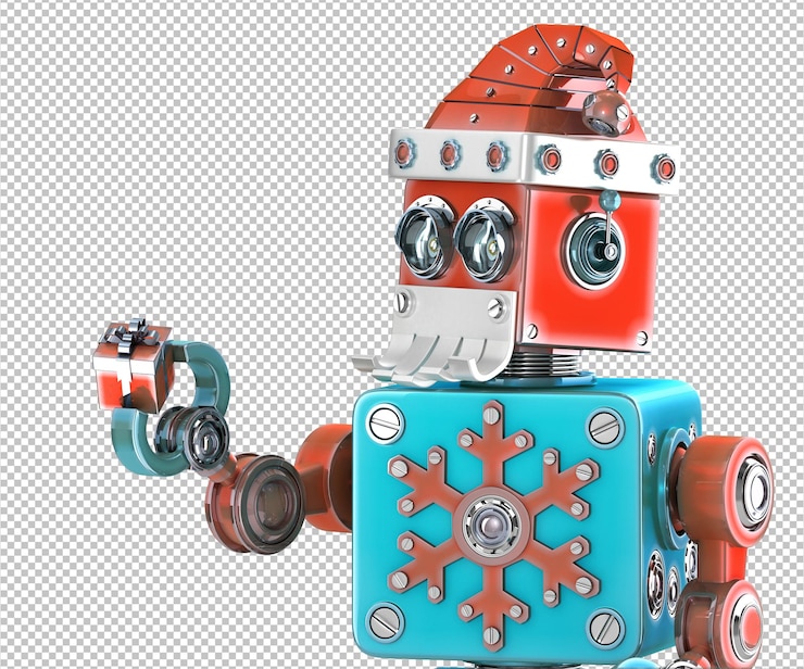 PSD cute retro robot with santas hat holding gift box. isolated