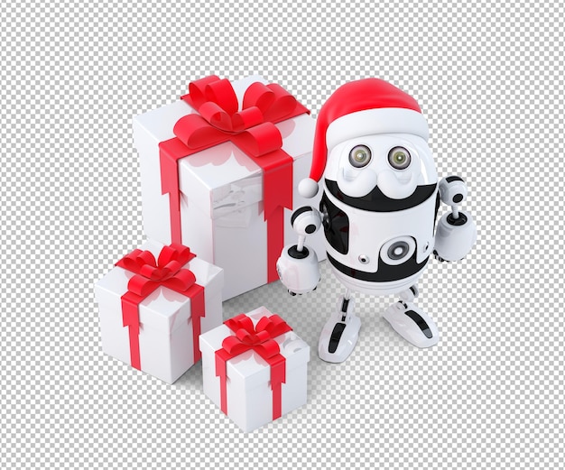 Cute Robot Papai Noel com caixas de presente. Conceito de tecnologia de Natal