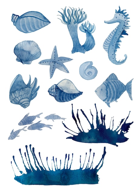 cute sea animals set