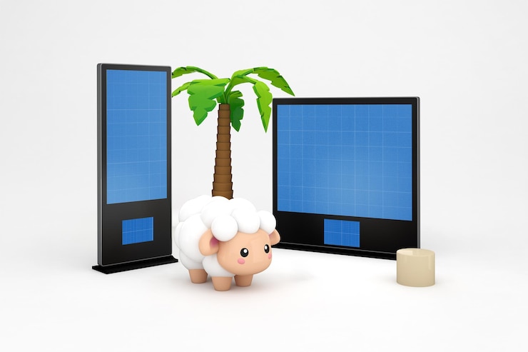 PSD cute sheep and palm tree with advertising displays mockup for eid al adha