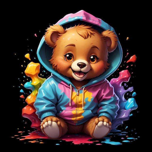 PSD cute teddybär mit hoodie farbige splashes im hintergrund t-shirt design dtf